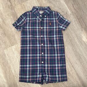Ralph Lauren 18 Months Baby Boy Romper Short Sleeve Logo Blue Plaid NWOT